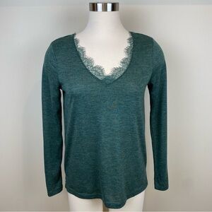 Promod Tee Shirt Top Dark Heather Green Long Sleeve Lace Neckline Size M V Neck